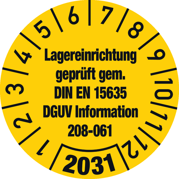 Jahresprüfplakette, Lagereinrichtung DGUV Information 208-061, Ø 30 mm - Bogen = 10 Stk.