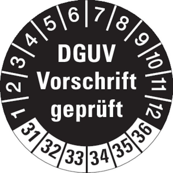 Prüfplakette, DGUV Vorschrift geprüft, schwarz/weiß, Ø 30 mm - Bogen = 10 Plaketten