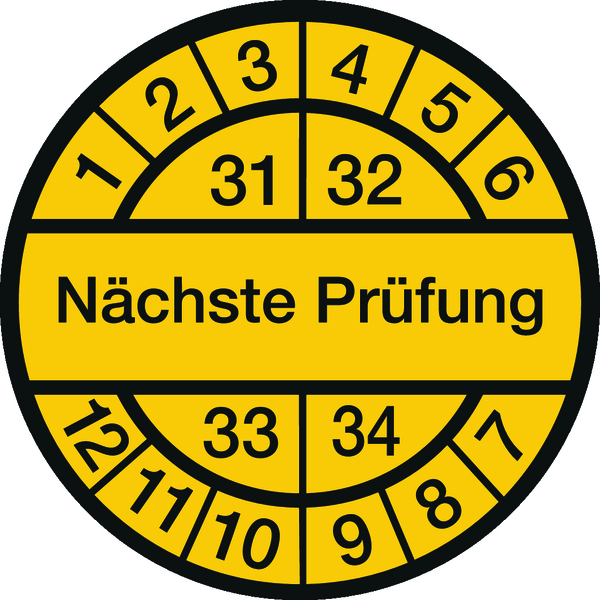 Prüfplakette, Nächste Prüfung, schwarz/gelb, Dokumentenfolie, Ø 12,5/30 mm - Bogen = 10 Plaketten