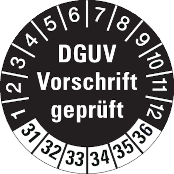 Prüfplakette, DGUV Vorschrift geprüft, schwarz/weiß, Ø 30 mm - Bogen = 10 Plaketten