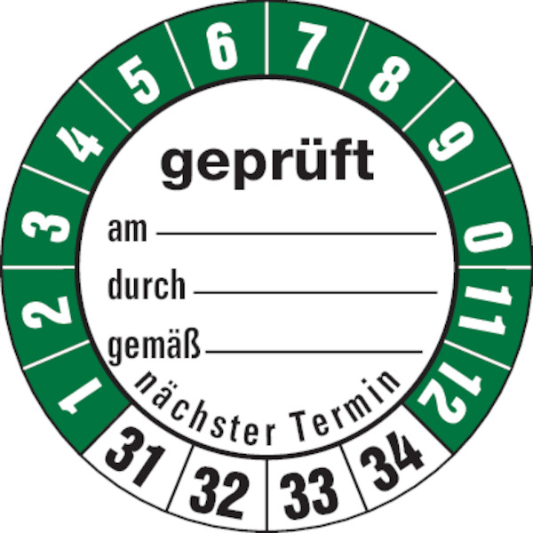 Prüfplakette, geprüft am_ durch_ gemäß_ nächster Termin, Folie, Ø 35 mm - Bogen = 10 Plaketten