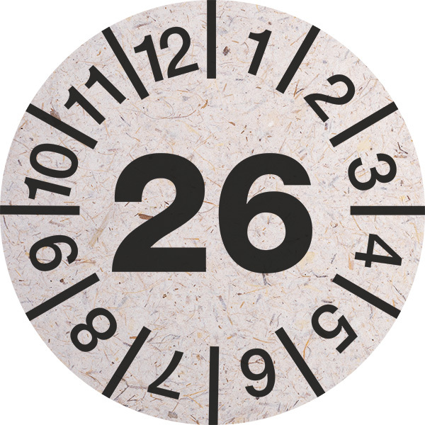 Jahresprüfplakette, Graspapier, Jahresfarben, Ø 30 mm - Bogen = 10 Plaketten