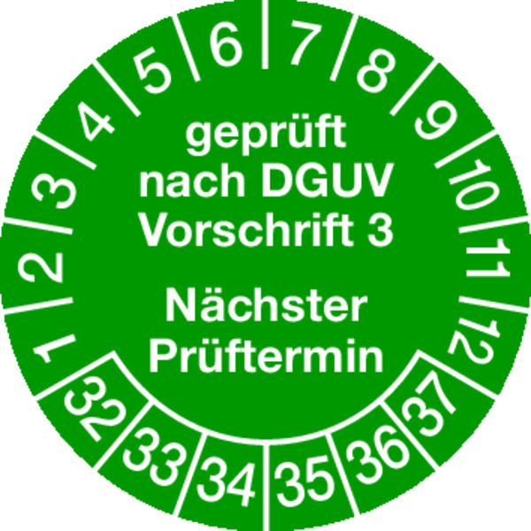 Prüfplakette, DGUV V3 Nächster Prüftermin, Graspapier, Jahresfarben, Ø 30 mm - Bogen = 10 Plaketten