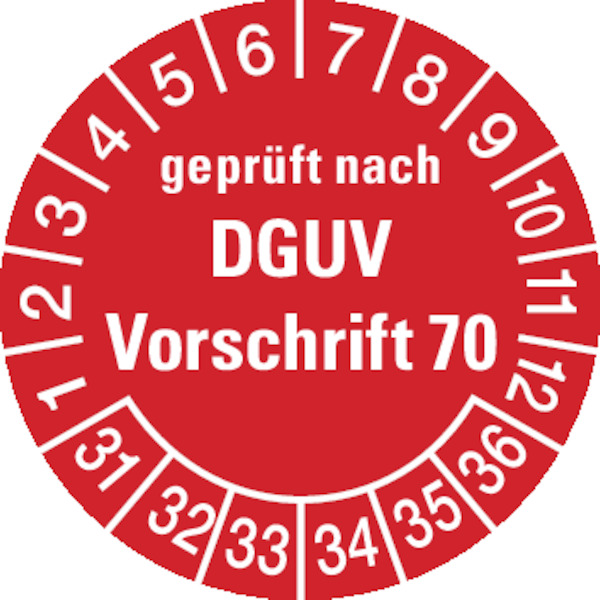 Prüfplakette, geprüft nach DGUV Vorschrift 70, rot/weiß, Folie, Ø 30 mm - Bogen = 10 Plaketten
