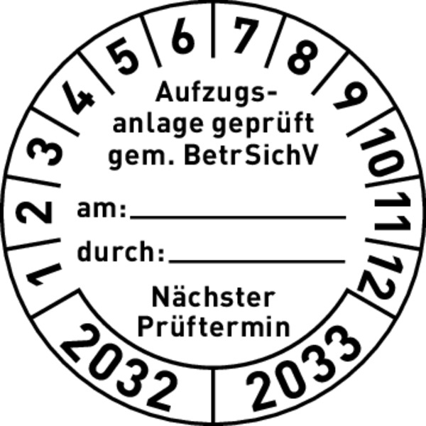 Prüfplakette, Aufzugsanlage geprüft gem. BetrSichV, weiß/schwarz, Folie, Ø 30 mm - Bogen = 10 Stk. 556032_ef.jpg