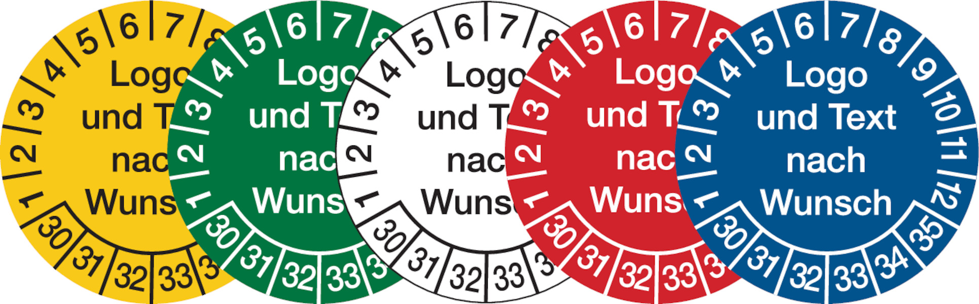 Prüfplaketten, Logo und Text nach Wunsch, Folie, Ø 20 - 40 mm - Bogen = 10 Stk.