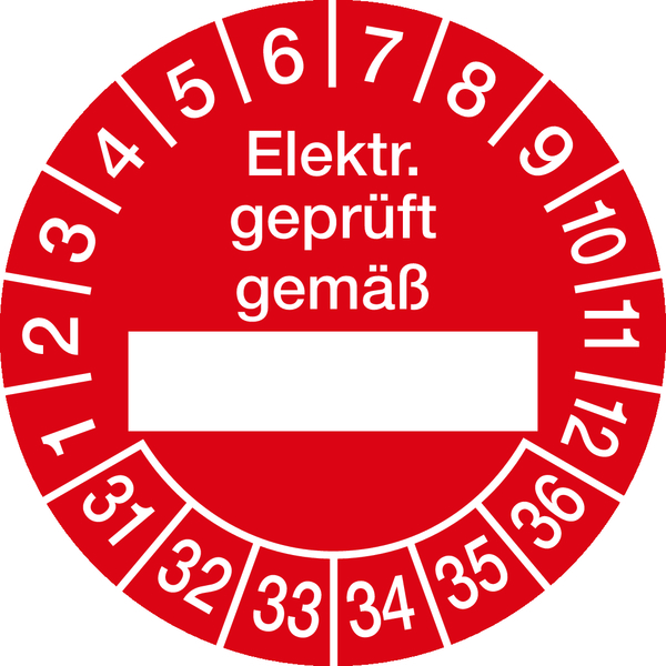 Prüfplakette, Elektr. geprüft gemäß (Freifeld), rot/weiß, Folie, Ø 30 mm - Bogen = 10 Plaketten