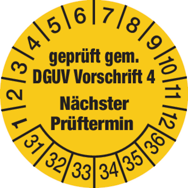 Prüfplakette, DGUV Vorschrift 4 Nächster Prüftermin, gelb/schwarz, Folie, Ø 30mm - Bogen = 10 Stk.