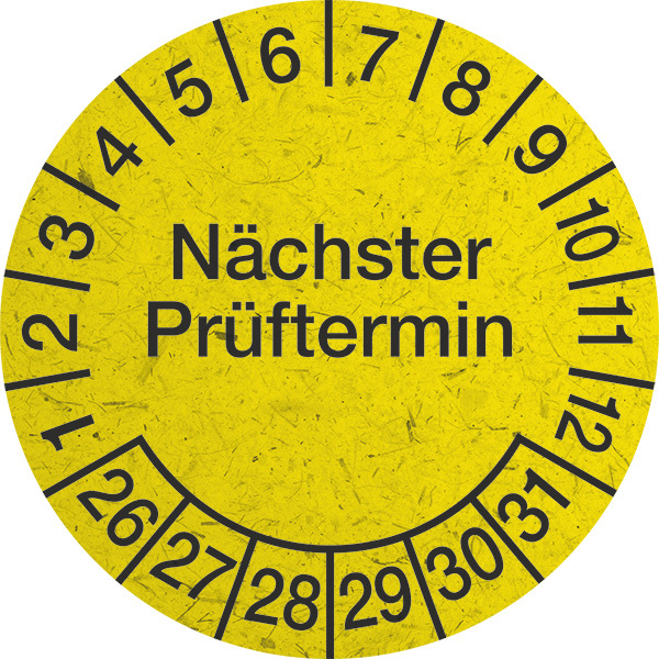 Prüfplakette, Nächster Prüftermin, Graspapier, gelb/schwarz, Ø 30 mm - Bogen = 10 Plaketten