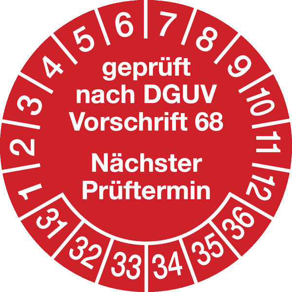 Prüfplakette, DGUV Vorschrift 68 Nächster Prüftermin, rot/weiß, Folie, Ø 30 mm - Bogen = 10 Stk.
