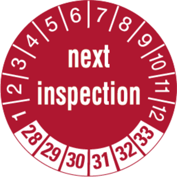 Prüfplakette, next inspection, rot/weiß, Folie, Ø 30 mm - Bogen = 10 Plaketten