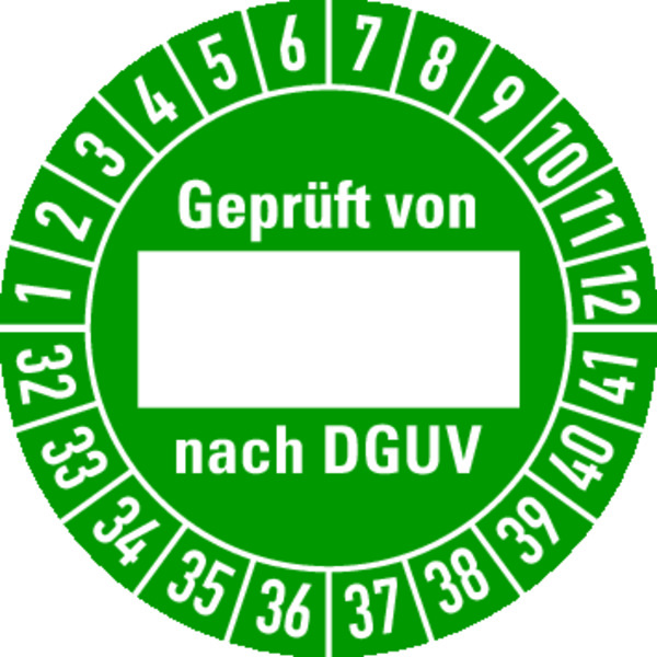 Prüfplakette, Geprüft von (Freifeld) nach DGUV, grün/weiß, Folie, Ø 30 mm - Bogen = 10 Plaketten 496232_ef.jpg