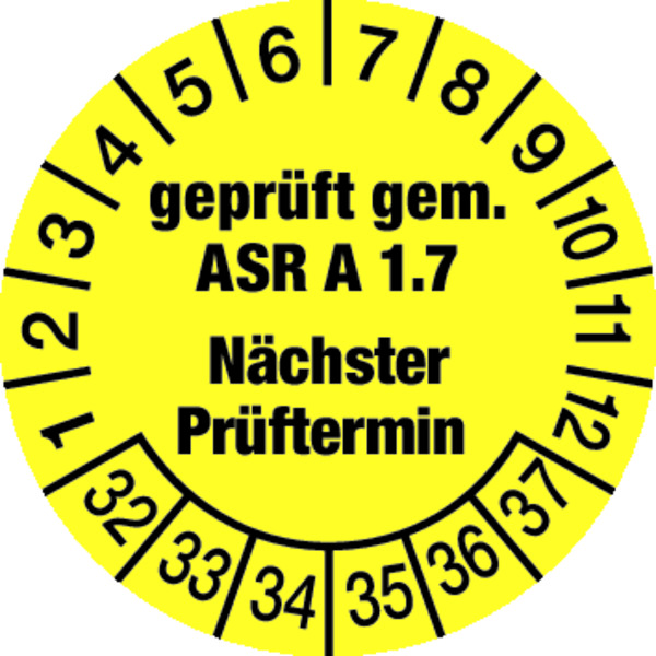 Prüfplakette, ASR A1.7 Nächster Prüftermin, gelb/schwarz, Folie, Ø 30 mm - Bogen = 10 Plaketten 86232_ef.jpg