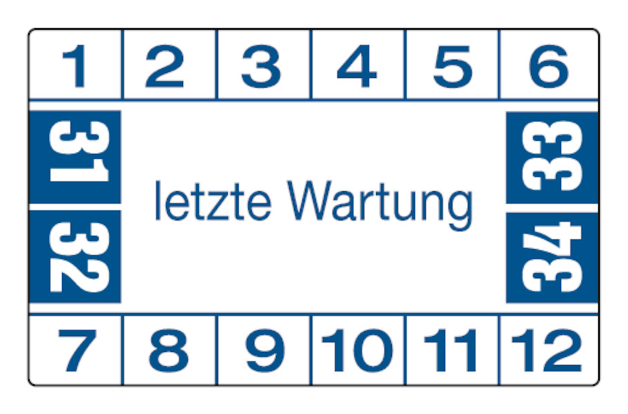 Prüfplakette, letzte Wartung, blau/weiß, Folie, 25 x 40 mm - Bogen = 10 Plaketten