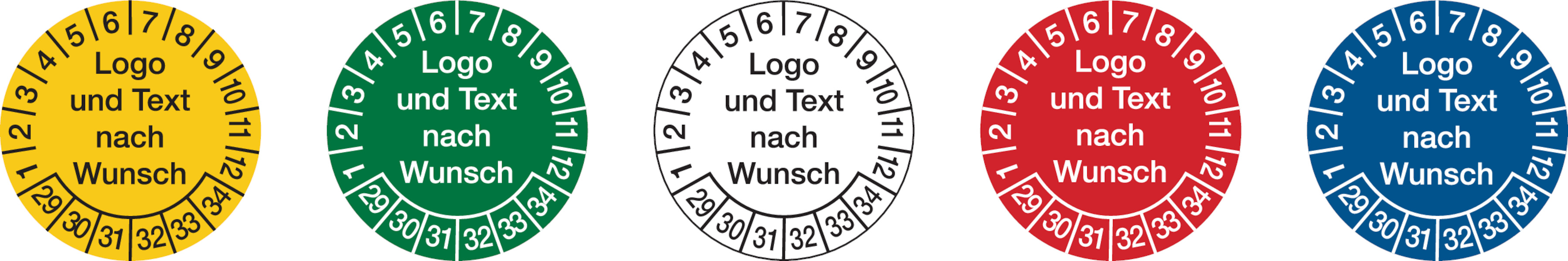 Prüfplaketten, Logo und Text nach Wunsch, Folie, Ø 20 - 40 mm - Bogen = 10 Stk.
