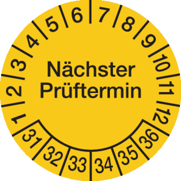 Prüfplakette, Nächster Prüftermin, Folie, gelb/schwarz, Ø 30 mm - Bogen = 10 Plaketten