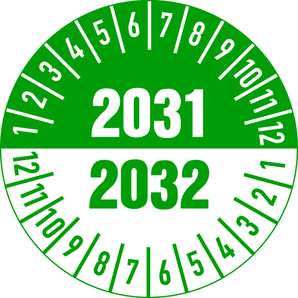 Jahresprüfplaketten, 2-farbig 2 Jahreszahlen, Folie, Ø 30 mm - Bogen = 10 Plaketten