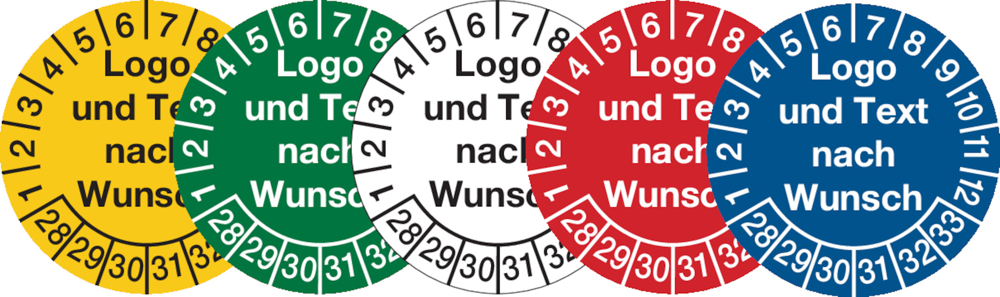 Prüfplaketten, Logo und Text nach Wunsch, Folie, Ø 20 - 40 mm - Bogen = 10 Stk.