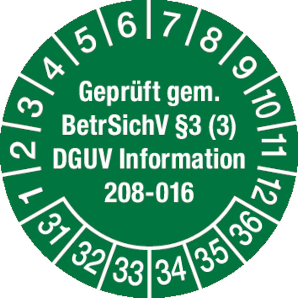 Prüfplakette, Geprüft gem. BetrSichV § 3 (3) DGUV Information 208-016 Ø 30mm - Bogen = 10 Plaketten