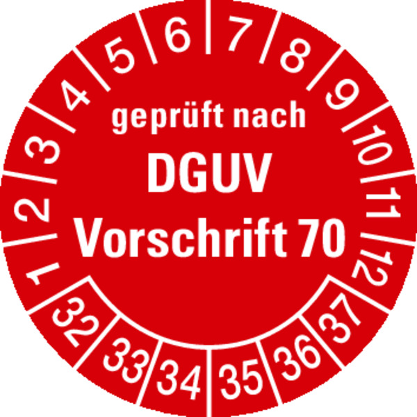 Prüfplakette, geprüft nach DGUV Vorschrift 70, rot/weiß, Folie, Ø 30 mm - Bogen = 10 Plaketten
