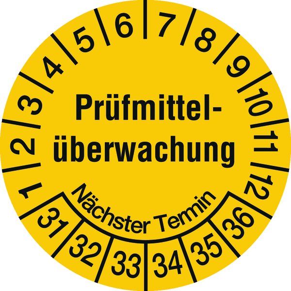 Prüfplakette, Prüfmittelüberwachung Nächster Termin, gelb/schwarz, Folie, Ø 20mm - Bogen = 10 Stk.