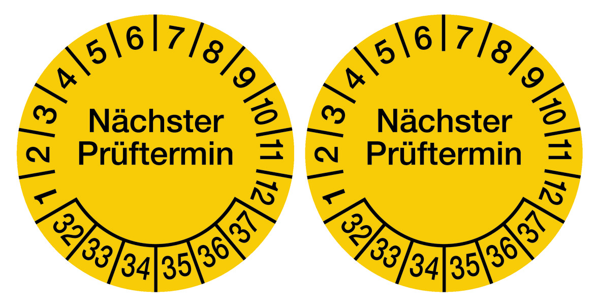 Prüfplakette, Nächster Prüftermin, Folie, gelb/schwarz, Ø 100 mm - Bogen = 2 Plaketten