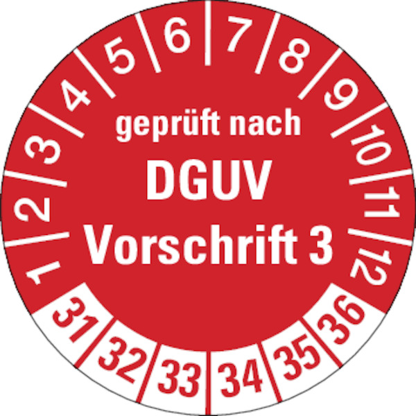 Prüfplakette, geprüft nach DGUV Vorschrift 3, rot/weiß, Ø 30 mm - Bogen = 10 Plaketten