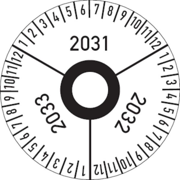 Drei-Jahres-Prüfplakette, Jahresfarben, Folie, Ø 30 mm - Bogen = 10 Plaketten