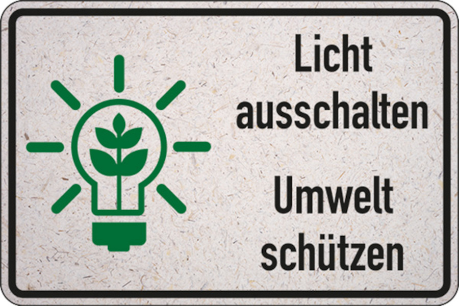 Hinweisschild, Licht ausschalten - Umwelt schützen, Graspapier, 200 x 300 mm Hinweisschild, Licht ausschalten - Umwelt schützen, Graspapier, 200 x 300 mm