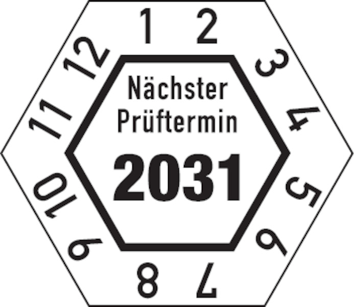 Prüfplakette, Nächster Prüftermin, Jahresfarben, Folie, 26 x 30 mm - Bogen = 10 Plaketten