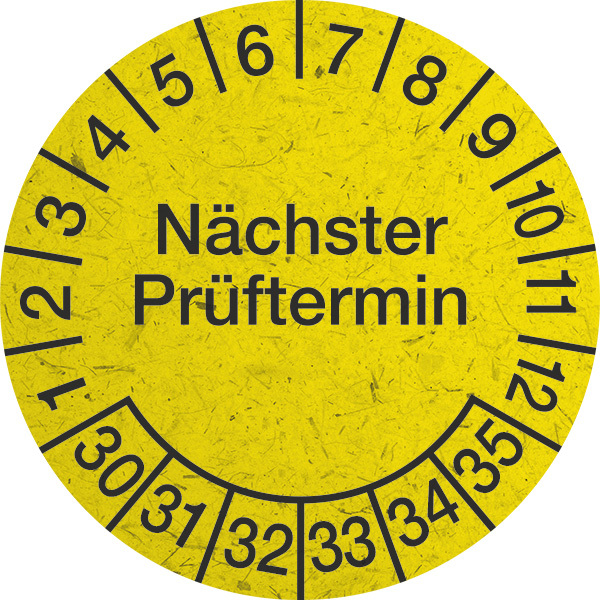 Prüfplakette, Nächster Prüftermin, Graspapier, gelb/schwarz, Ø 30 mm - Bogen = 10 Plaketten