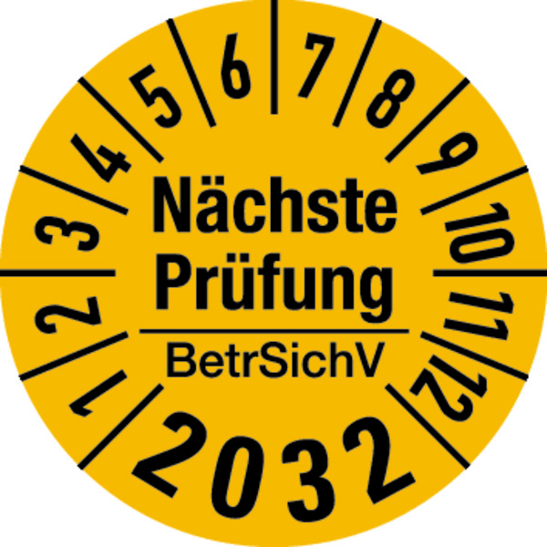 Jahresprüfplakette, Nächste Prüfung BetrSichV, gelb/schwarz, Folie, Ø 30 mm - Bogen = 10 Plaketten