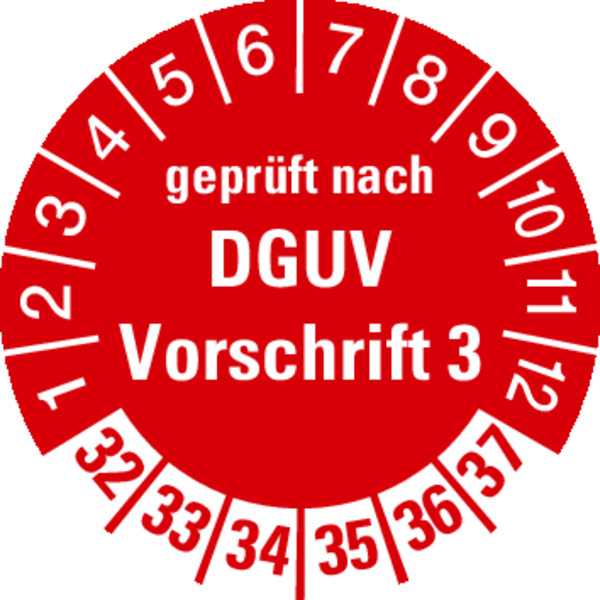 Prüfplakette, geprüft nach DGUV Vorschrift 3, rot/weiß, Ø 30 mm - Bogen = 10 Plaketten