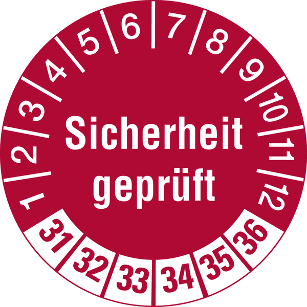 Prüfplakette, Sicherheit geprüft, Rot/Weiß, Folie, Ø 30 mm - Bogen = 10 Plaketten