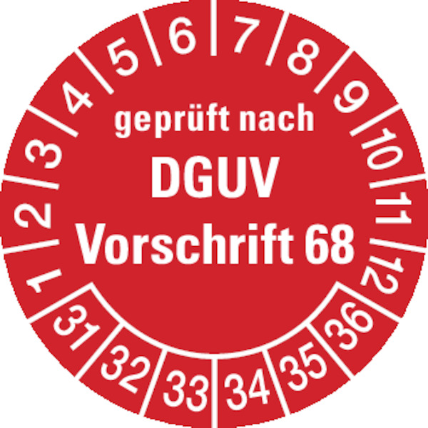 Prüfplaketten, geprüft nach DGUV Vorschrift 68, rot/weiß, Folie, Ø 30mm - Bogen = 10 Plaketten
