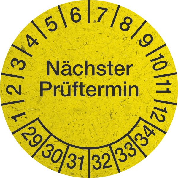 Prüfplakette, Nächster Prüftermin, Graspapier, gelb/schwarz, Ø 30 mm - Bogen = 10 Plaketten