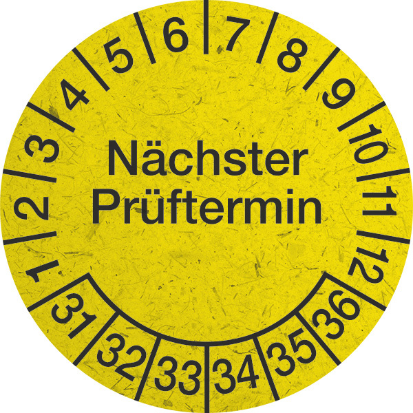 Prüfplakette, Nächster Prüftermin, Graspapier, gelb/schwarz, Ø 30 mm - Bogen = 10 Plaketten