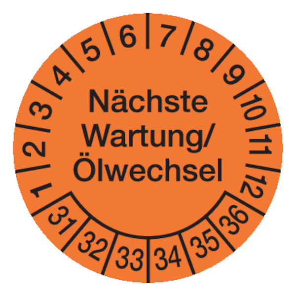 Prüfplakette, Wartung/Ölwechsel Ø 30mm - Bogen = 10 Plaketten