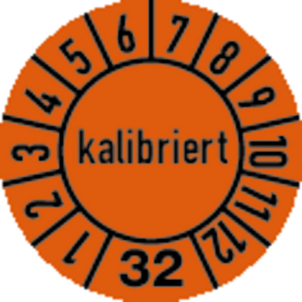 Jahresprüfplakette, kalibriert, orange/schwarz, Folie, Ø 10 mm - Bogen = 10 Plaketten