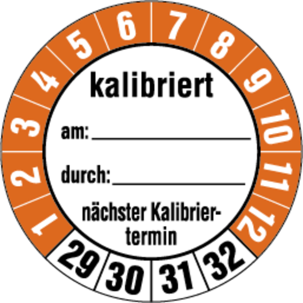 Prüfplakette, kalibriert nächster Kalibriertermin, Folie, Ø 35 mm - Bogen = 10 Plaketten