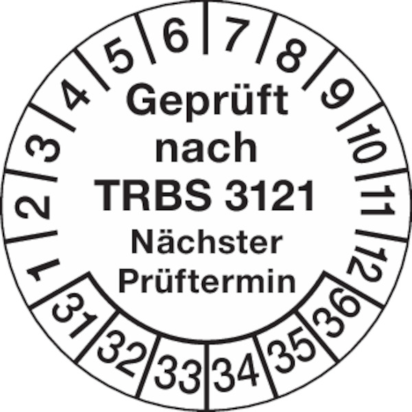 Prüfplakette, TRBS 3121 Nächster Prüftermin, Jahresfarben, Folie, Ø 30 mm - Bogen = 10 Plaketten