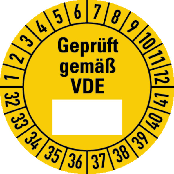 Prüfplakette, Geprüft gemäß VDE (Freifeld), gelb/schwarz, Folie, Ø 30 mm - Bogen = 10 Plaketten 496332_ef.jpg