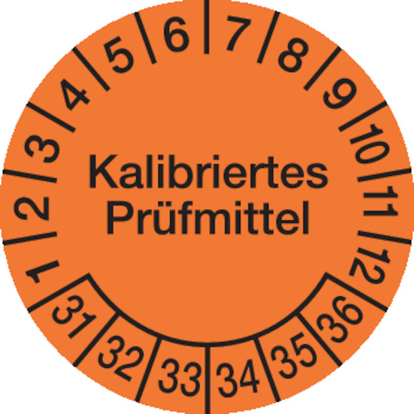 Prüfplakette, Kalibriertes Prüfmittel, Orange/Schwarz, Folie, Ø 30´mm - Bogen = 10 Plaketten