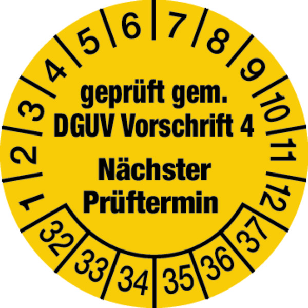 Prüfplakette, DGUV Vorschrift 4 Nächster Prüftermin, gelb/schwarz, Folie, Ø 30mm - Bogen = 10 Stk.