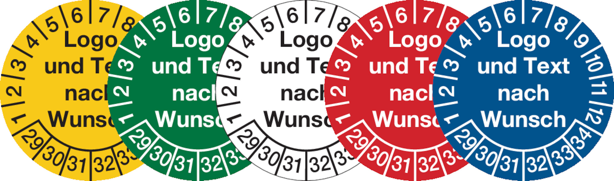 Prüfplaketten, Logo und Text nach Wunsch, Dokumentenfolie, Ø 20 - 40 mm - Bogen = 10 Stk.