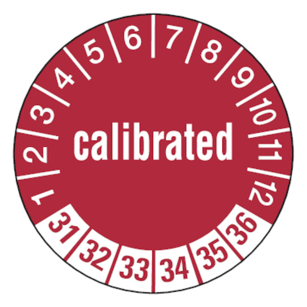 Prüfplakette, calibrated, rot/weiß, Folie, Ø 30 mm - Bogen = 10 Plaketten