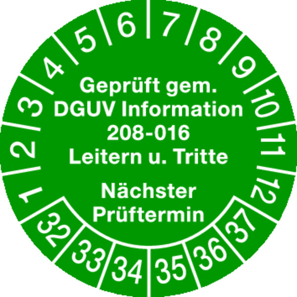 Prüfplakette, DGUV Information 208-016 Nächster Prüftermin, grün/weiß, Ø 30 mm - Bogen = 10 Stk.