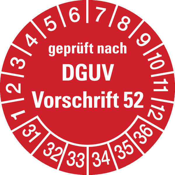 Prüfplakette, geprüft nach DGUV Vorschrift 52, rot/weiß, Folie, Ø 30 mm - Bogen = 10 Plaketten