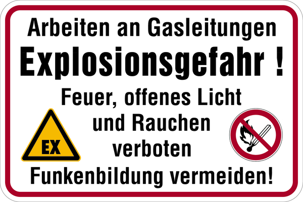 Hinweisschild, Arbeiten an Gasleitungen, 400 x 600 mm, Aluminium geprägt