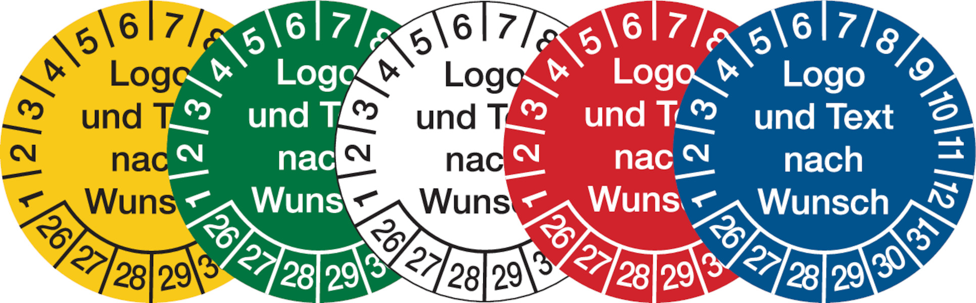 Prüfplaketten, Logo und Text nach Wunsch, Dokumentenfolie, Ø 20 - 40 mm - Bogen = 10 Stk.